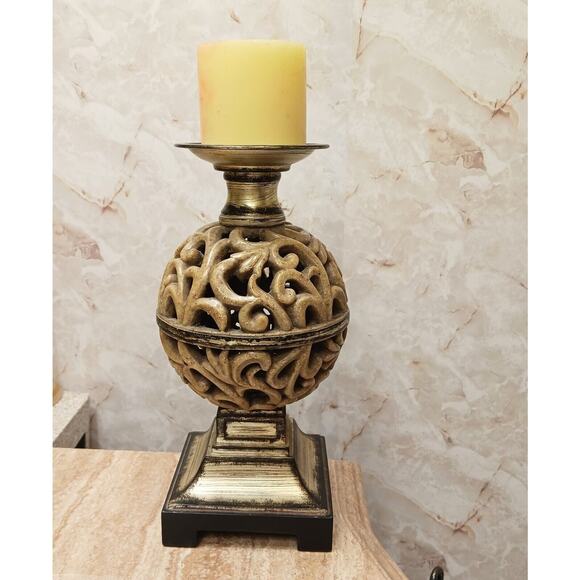 Ornate Candle Holder 12" Art Deco Faux Alabaster Cut Out Globe Morrocan Boho VNT - Picture 9 of 10